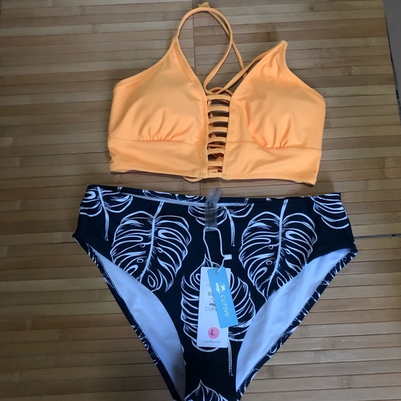 NWT Cupshe Yellow And Leaves Print Bikini - Picture 2 of 7